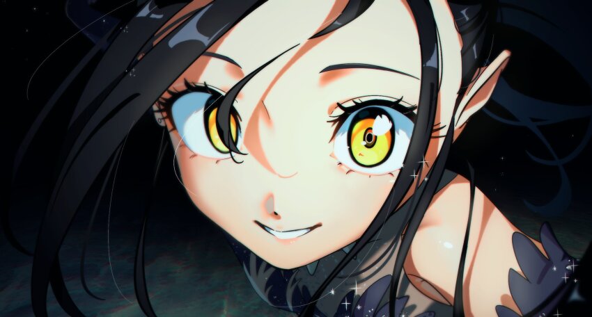 1girl bare_shoulders black_dress black_hair close-up dress highres kamisaki_hikaru long_hair looking_at_viewer medalist_(manga) nzeneee ponytail smile solo sparkle staring upper_body wide-eyed yellow_eyes