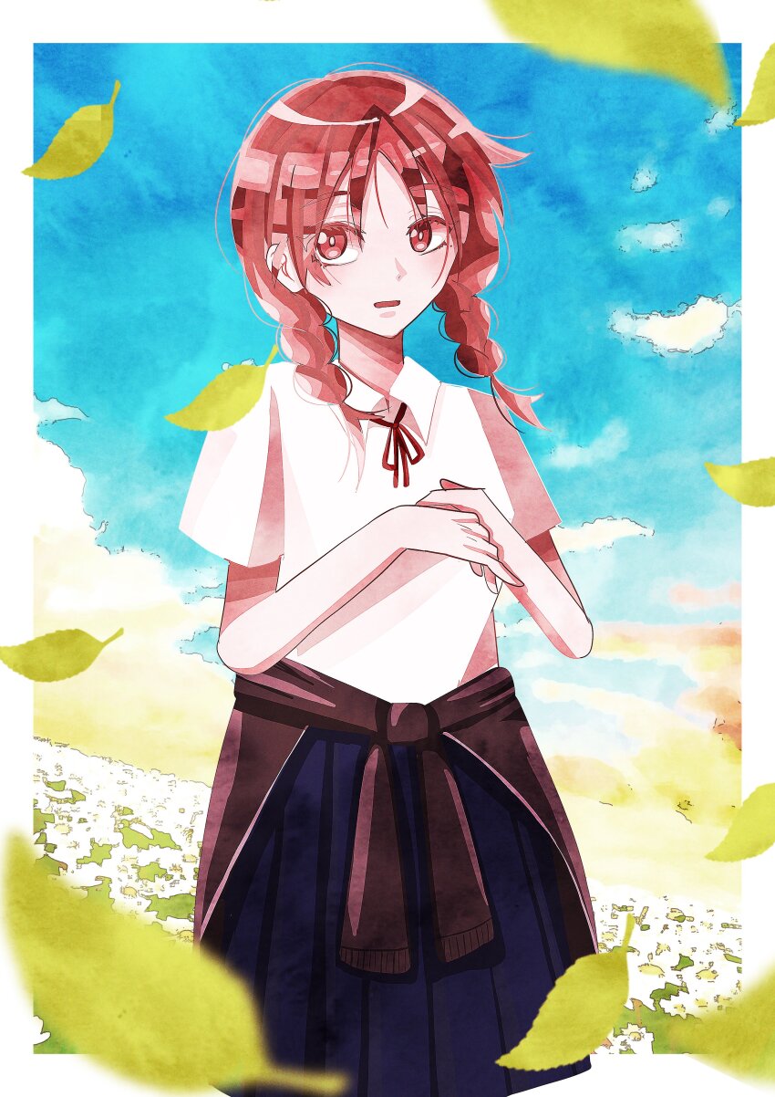 1girl absurdres blue_sky blurry braid clothes_around_waist collared_shirt commentary_request cowboy_shot depth_of_field falling_leaves field flower flower_field futsuu_no_keion-bu highres leaf long_hair mole mole_under_eye neck_ribbon nogi_yuni outdoors own_hands_together pleated_skirt red_eyes red_hair ribbon shirt short_sleeves skirt sky solo standing sweater sweater_around_waist twin_braids twintails uchida_momo white_shirt