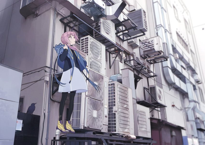 1girl absurdres air_conditioner bird black_legwear braid building commentary hechima_(issindotai) highres hood hoodie jacket kaf_(kamitsubaki_studio) kamitsubaki_studio long_sleeves looking_away looking_up pink_hair industrial_pipe shoes skirt solo virtual_youtuber yellow_footwear