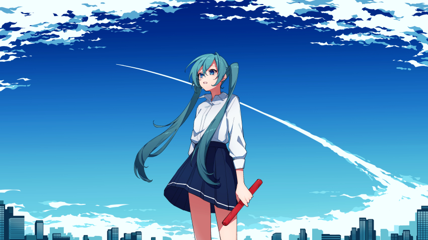 1girl absurdres blue_eyes blue_hair blue_skirt blue_sky cloud collared_shirt commentary contrail cowboy_shot hatsune_miku highres holding long_hair long_sleeves odd_(miyoru) parted_lips pleated_skirt school_uniform shirt shirt_tucked_in skirt sky skyline solo tube twintails vocaloid white_shirt