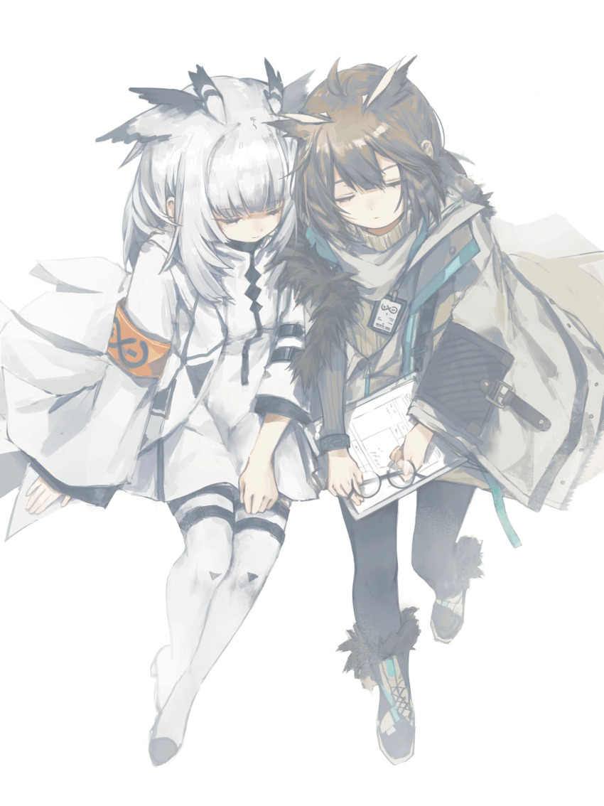 2girls absurdres arknights armband black_pantyhose boots brown_hair closed_eyes closed_mouth coat commentary dress expressionless feather_hair full_body fur-trimmed_coat fur-trimmed_footwear fur_trim glasses grey_coat grey_sweater highres id_card infection_monitor_(arknights) jixing long_hair long_sleeves multiple_girls notepad official_alternate_costume open_clothes open_coat owl_ears owl_girl pantyhose ptilopsis_(arknights) ptilopsis_(elite_ii)_(arknights) rhine_lab_logo round_eyewear shoulder-to-shoulder silence_(arknights) silence_(frosted_breath)_(arknights) simple_background sweater symbol-only_commentary thighhighs unworn_eyewear white_background white_coat white_dress white_hair white_thighhighs