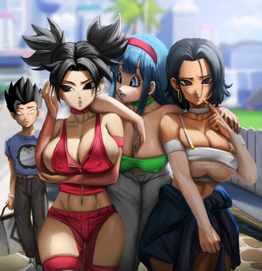 1boy 3girls alternate_costume alternate_hairstyle bare_shoulders black_eyes black_hair blue_eyes blue_hair blurry blurry_background blush bra_(dragon_ball) breast_press breasts cabba caulifla clothes_around_waist covered_erect_nipples day denim detached_sleeves dragon_ball dragon_ball_super elite_nappa embarrassed hanging hanging_breasts jeans kale_(dragon_ball) large_breasts long_hair multiple_girls muscular muscular_female navel pants shorts shoulder_grab spiked_hair sweater sweater_around_waist twintails unzipped