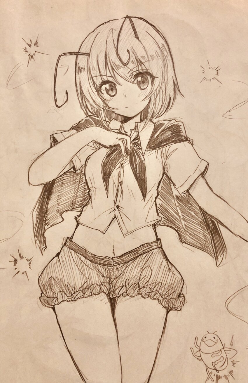 1girl antennae cape closed_mouth collared_shirt commentary_request efukei greyscale highres looking_at_viewer monochrome navel one-hour_drawing_challenge shirt short_hair short_shorts short_sleeves shorts touhou wriggle_nightbug