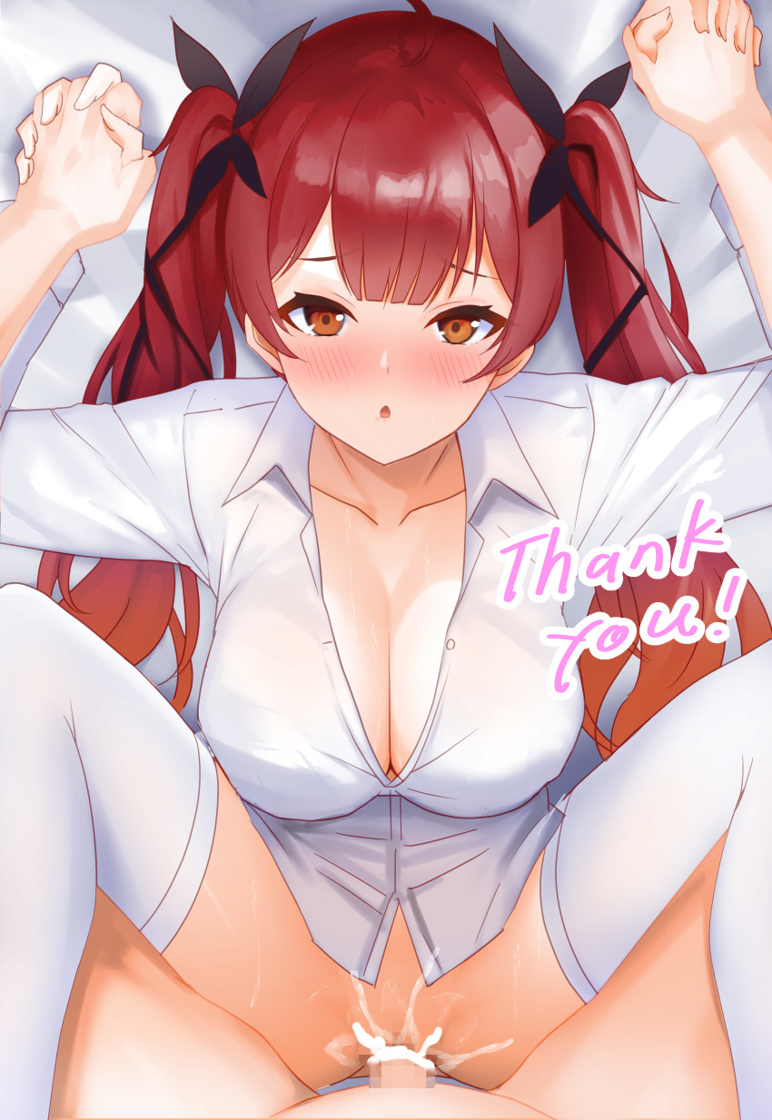 1boy 1girl :o absurdres azur_lane black_ribbon bottomless breasts censored commission cum cum_in_pussy deep_penetration from_above got0_naisho gradient_hair hair_between_eyes hair_ribbon hands_up hetero highres holding_hands honolulu_(azur_lane) large_breasts long_hair looking_at_viewer looking_up missionary multicolored_hair naked_shirt no_bra orange_eyes orange_hair pixiv_commission pov red_hair ribbon sex shirt solo_focus spread_legs twintails vaginal very_long_hair