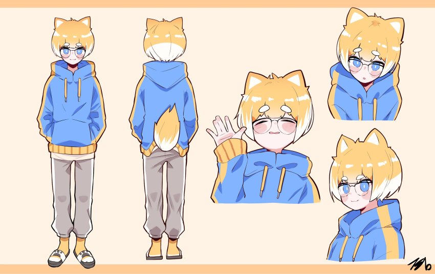 1boy :3 animal_ears blonde_hair blue_eyes blush blush_stickers bob_cut character_sheet dog_boy dog_ears dog_tail full_body glasses highres hood hoodie kim_tosyeo looking_at_viewer male_focus multicolored_hair multiple_views sandals short_eyebrows tail tosyeo_59 twitch.tv two-tone_hair waving white_hair