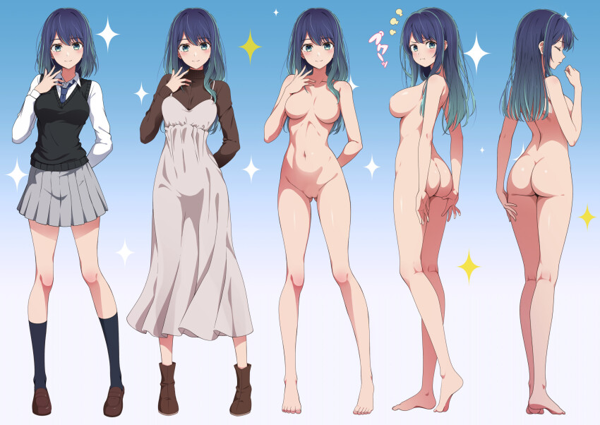 1girl ass black_socks black_vest blue_background blue_necktie breasts brown_footwear closed_eyes commentary_request completely_nude dress feet frown gradient_background hand_up highres kurokawa_akane long_sleeves looking_at_viewer medium_breasts multiple_views nanikairu navel necktie no_panties no_pussy nude oshi_no_ko paid_reward_available pleated_skirt shirt skirt smile socks soles standing thighs vest white_dress white_shirt