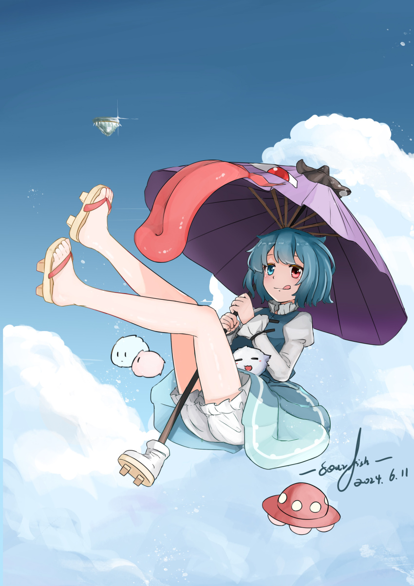 1girl absurdres bare_legs bloomers blue_eyes blue_hair blue_skirt blue_sky blue_vest brown_footwear cloud cloudy_sky day feet full_body geta highres juliet_sleeves kedama_(touhou) legs long_sleeves no_socks puffy_sleeves purple_umbrella red_eyes shirt short_hair skirt sky solo sourfish tatara_kogasa toes tongue touhou ufo umbrella underwear vest white_bloomers white_shirt