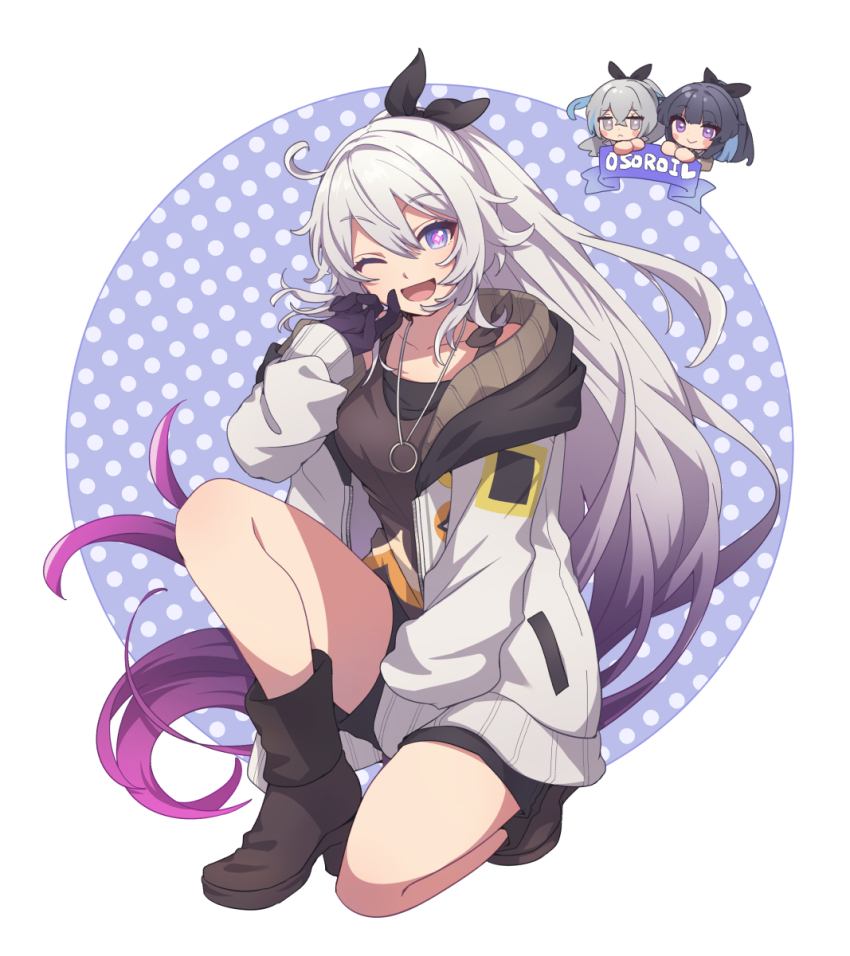 3girls ahoge alternate_costume bare_legs black_ribbon black_shorts boots breasts bronya_zaychik bronya_zaychik_(herrscher_of_truth) brown_footwear brown_shirt hair_ribbon highres honkai_(series) honkai_impact_3rd jacket kiana_kaslana kiana_kaslana_(herrscher_of_finality) long_hair looking_at_viewer medium_breasts multicolored_hair multiple_girls one_eye_closed open_mouth oval_background polka_dot polka_dot_background purple_hair purple_hands raiden_mei raiden_mei_(herrscher_of_origin) ribbon shirt shorts soha_ez two-tone_hair white_background white_hair white_jacket