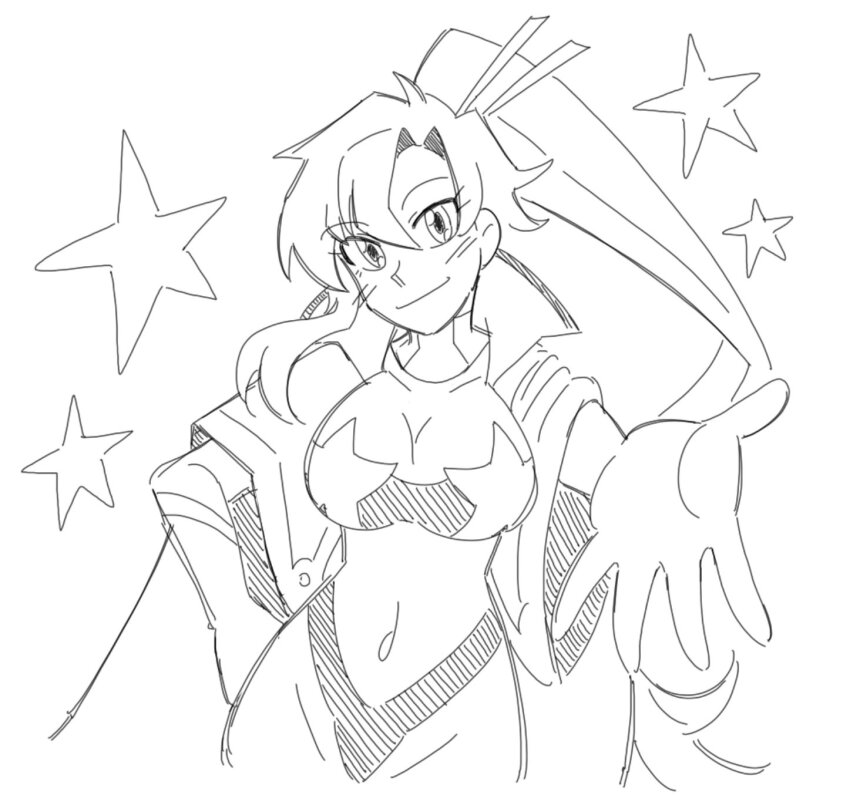 breasts highres large_breasts long_hair monochrome ponytail ryomiina space_yoko tengen_toppa_gurren_lagann wide_hips yoko_littner