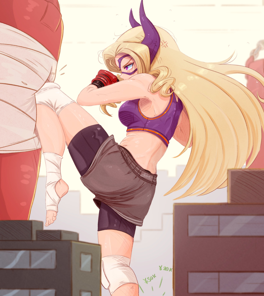 1girl anger_vein bandages bandaged_leg bandages bike_shorts black_shorts boku_no_hero_academia boxing_gloves bra building cheering city domino_mask from_side giant giantess highres horns kicking knee_pads knee_up long_hair mask mount_lady punching_bag purple_bra purple_eyes raps_(yohomeboyraps) short_shorts shorts solo sports_bra stirrup_legwear superhero_costume toeless_legwear underwear very_long_hair