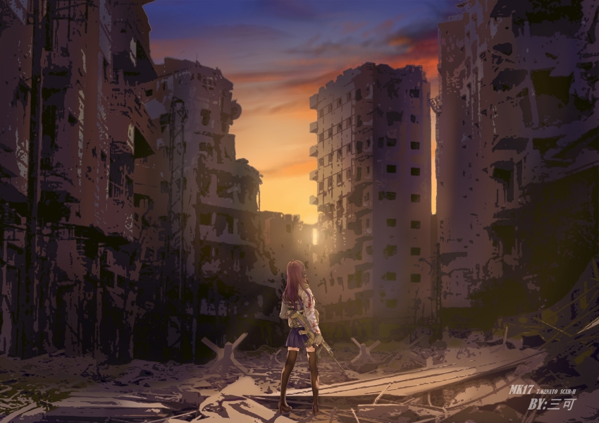 1girl assault_rifle black_thighhighs blue_skirt brown_hair facing_away fn_scar girls&#039;_frontline gun highres holding holding_gun holding_weapon outdoors rifle ruins san_ka scenery school_uniform skirt solo standing sunset thighhighs weapon