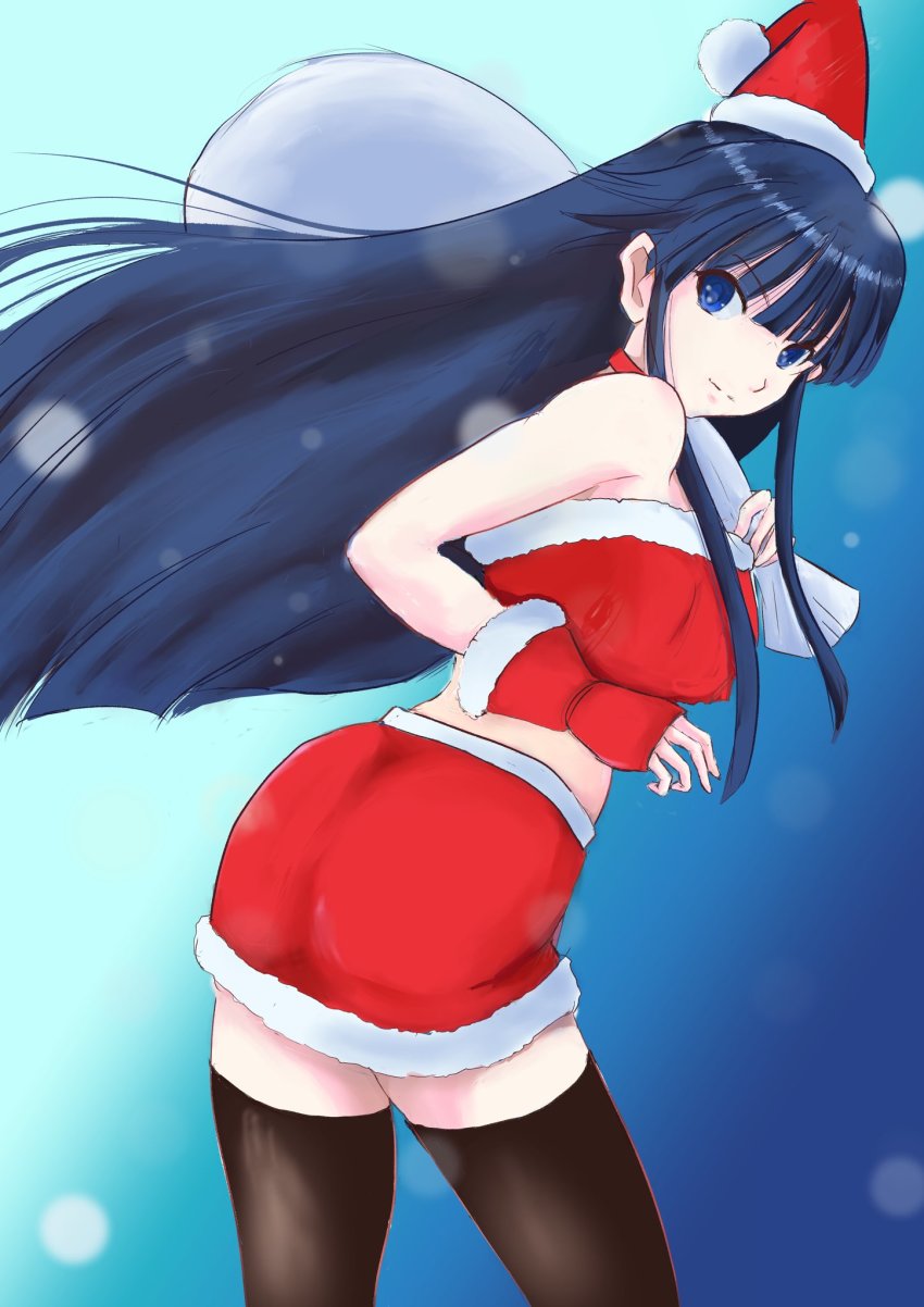 1girl aquaplus ass bare_shoulders black_hair blue_eyes breasts choker christmas closed_mouth cowboy_shot crop_top dboy0577 dress fingerless_gloves from_side gloves hat highres huge_ass large_breasts long_hair looking_at_viewer santa_costume santa_dress santa_gloves santa_hat sidelocks skirt sleeveless smile solo thighhighs thighs touma_kazusa very_long_hair white_album white_album_(series) white_album_2