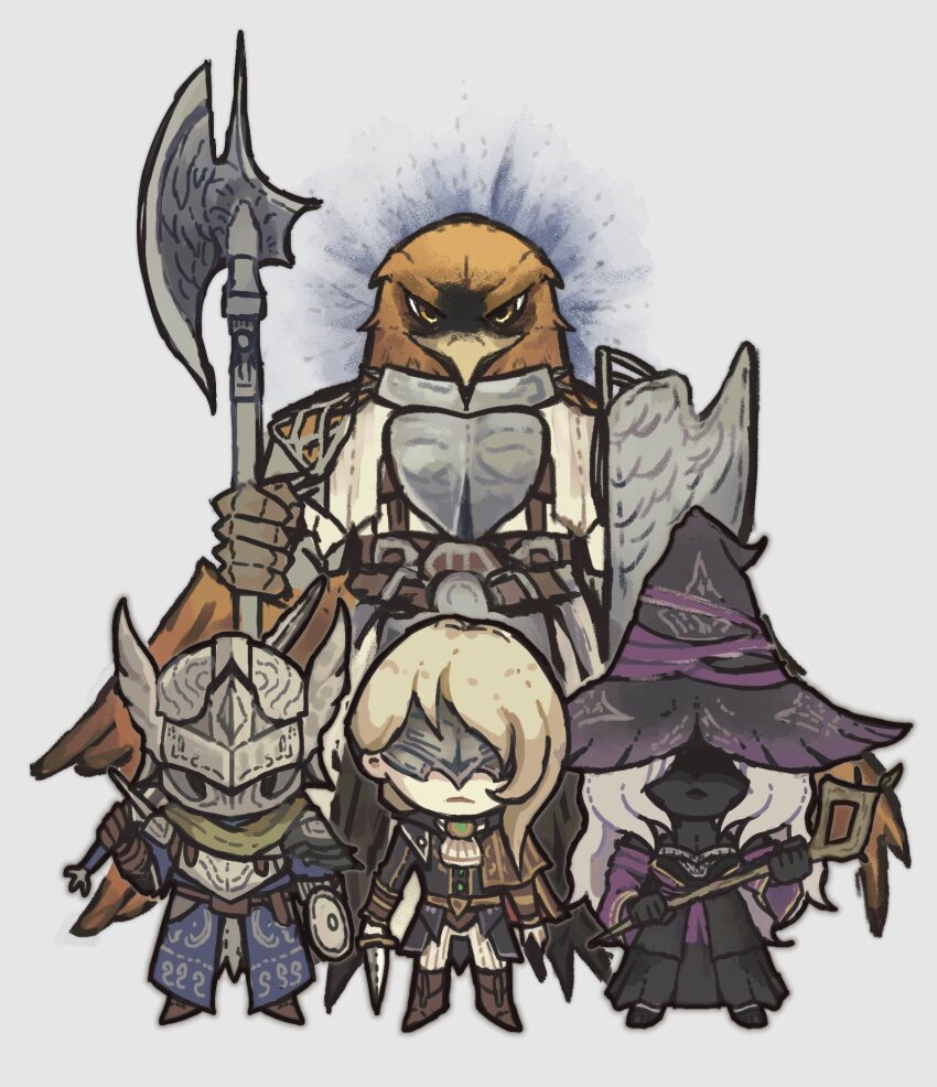 1boy 1other 2girls ascot beak bird_boy black_dress black_skin blindfold blonde_hair boots brown_boots chibi closed_mouth colored_skin dress duchess_(elden_ring) elden_ring elden_ring_nightreign guardian_(elden_ring) halberd hat helmet highres holding holding_polearm holding_shield holding_staff holding_weapon kinomoru long_hair multiple_girls pants polearm purple_hat recluse_(elden_ring) shield staff standing weapon white_ascot white_background white_hair white_pants winged_helmet witch_hat wylder_(elden_ring)