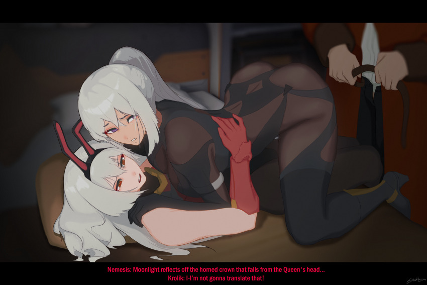 1boy 2girls absurdres animal_ears ass asymmetrical_docking bare_shoulders belt black_bodysuit black_pants body_armor bodysuit boots breast_press breasts coat commander_(girls&#039;_frontline) dark-skinned_female dark_skin english_text fake_animal_ears girls&#039;_frontline_2:_exilium grey_hair griffin_&amp;_kryuger_military_uniform hair_between_eyes high_heel_boots high_heels highres holding holding_belt hug imminent_penetration krolik_(girls&#039;_frontline_2) large_breasts leotard letterboxed long_hair long_sleeves looking_at_another looking_at_viewer looking_to_the_side lying mechanical_ears multiple_girls nemesis_(girls&#039;_frontline_2) nishibuya official_alternate_costume on_back open_fly open_mouth pants pillow playboy_bunny ponytail purple_eyes rabbit_ears red_coat red_eyes tactical_clothes tactical_playboy_bunny teeth top-down_bottom-up twitter_username upper_teeth_only