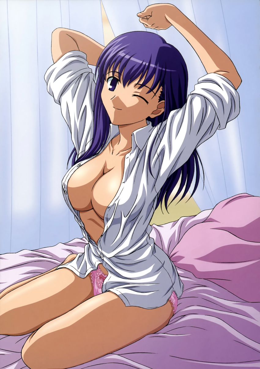 1girl absurdres bed blouse breasts cleavage dress_shirt fate/stay_night fate_(series) female_focus highres ishihara_megumi large_breasts matou_sakura no_bra no_pants on_bed one_eye_closed open_clothes open_shirt panties pillow pink_panties purple_eyes purple_hair shirt sitting sleeves_rolled_up solo stretching unbuttoned underwear white_shirt wink yokozuwari