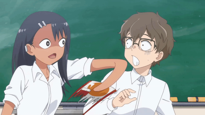 1boy 1girl animated animated_gif anpan black_hair brown_eyes brown_hair chalkboard dark-skinned_female dark_skin food glasses hachiouji_naoto hair_ornament hairclip highres ijiranaide_nagatoro-san nagatoro_hayase screencap shirt slapping white_shirt