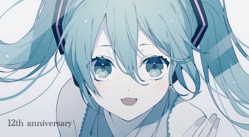 1girl :d anniversary aqua_eyes aqua_hair bare_shoulders commentary_request english_text hair_between_eyes hair_ornament hatsune_miku long_hair looking_at_viewer muted_color open_mouth portrait smile solo twintails vocaloid yoritori