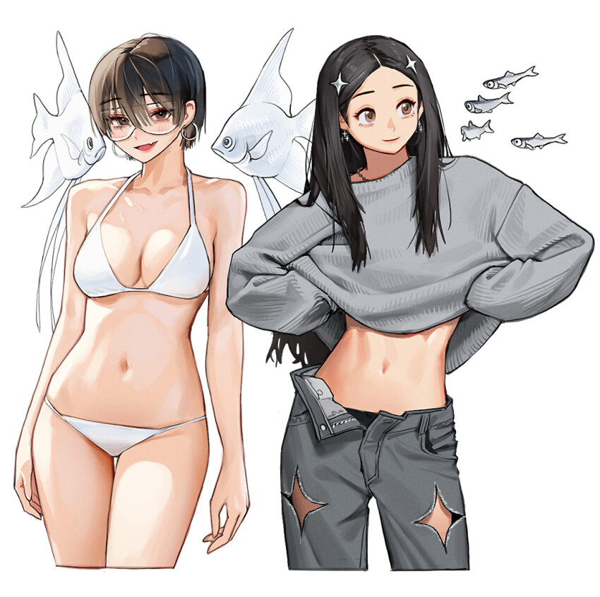 2girls bikini black_hair black_panties breasts brown_eyes closed_mouth clothing_cutout earrings fish glasses grey_pants grey_shirt jewelry long_hair long_sleeves medium_breasts midriff multiple_girls navel necklace open_mouth original panties pants rinotuna shirt short_hair star_cutout stomach swimsuit underwear white_background white_bikini