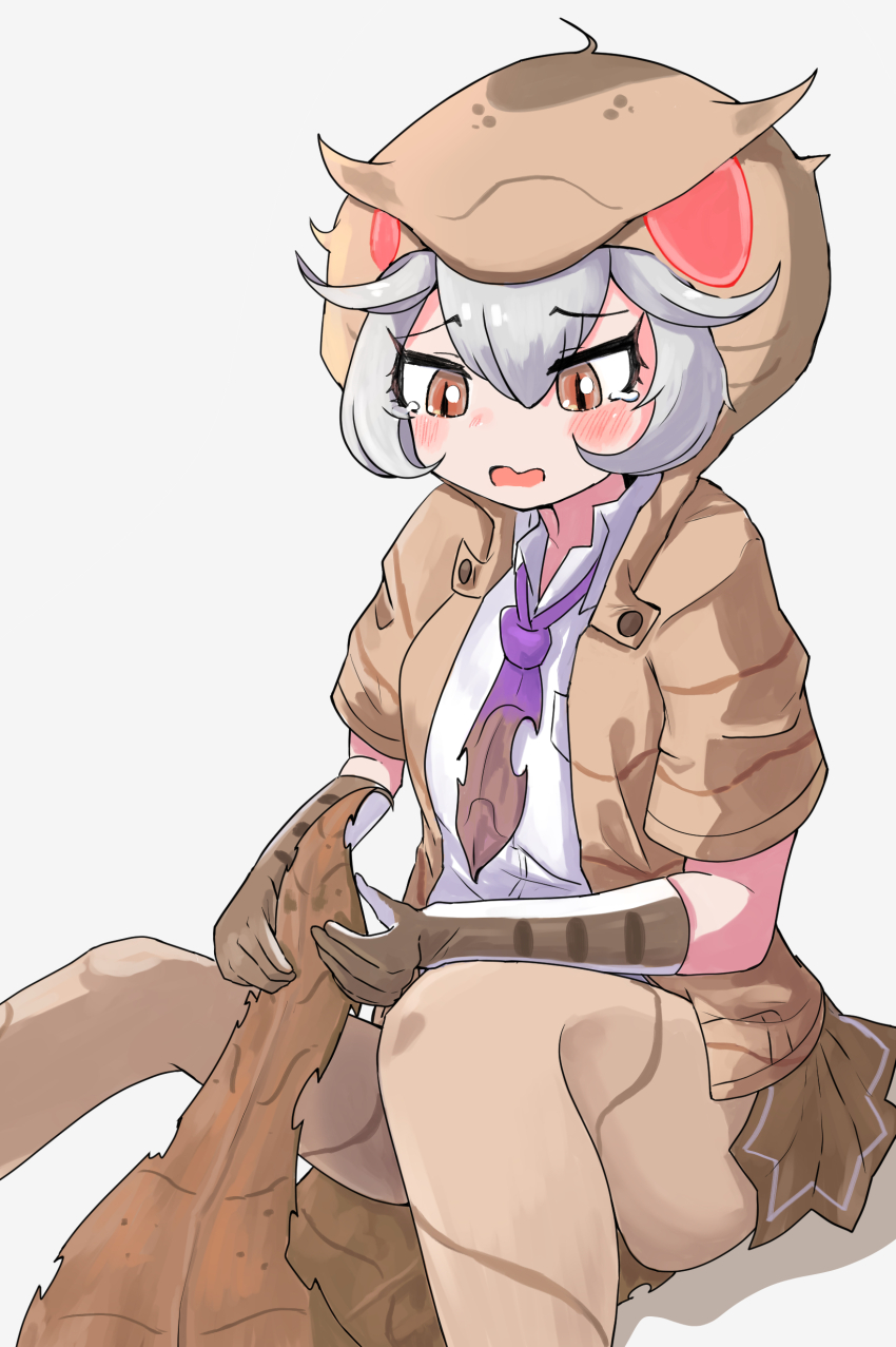 1girl absurdres baweng_satanic_leaf_gecko_(kemono_friends) blush brown_eyes brown_hoodie brown_jacket brown_pantyhose brown_skirt collared_shirt elbow_gloves gloves grey_hair hair_between_eyes highres hood hood_up hoodie jacket kemono_friends lizard_tail necktie open_clothes open_hoodie pantyhose pleated_skirt print_gloves purple_necktie reptile_girl shirt short_hair short_sleeves sidelocks sitting skirt solo tail tearing_up toro_orororo white_shirt