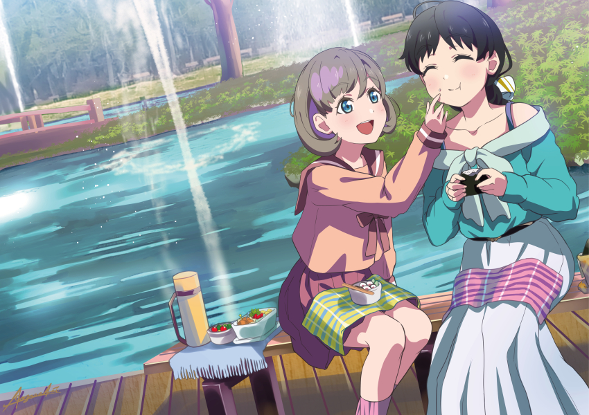 2girls :t ^_^ absurdres aozora_aoi aqua_shirt black_hair blue_eyes blush bow braid braided_ponytail bridge brown_sailor_collar brown_shirt brown_skirt chopsticks closed_eyes closed_mouth commentary_request diagonal-striped_bow dutch_angle eating feet_out_of_frame food food_on_face grey_hair hair_bow hand_on_another&#039;s_cheek hand_on_another&#039;s_face hazuki_ren highres holding holding_food long_hair long_skirt long_sleeves looking_at_another love_live! love_live!_superstar!! makizushi miniskirt multiple_girls off-shoulder_shirt off_shoulder on_bench onigiri open_box outdoors parted_bangs pink_socks pleated_skirt pond sailor_collar school_uniform serafuku shirt short_hair signature sitting skirt smile socks sushi tang_keke thermos white_bow white_skirt