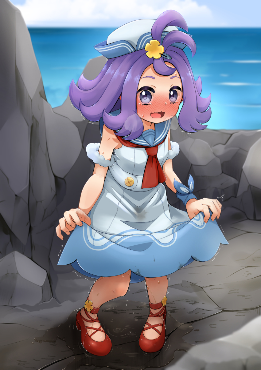 1girl acerola_(pokemon) acerola_(summer_2024)_(pokemon) antenna_hair blue_dress blue_hat blue_sailor_collar blue_sky blush breath clothes_lift cloud day dress dress_lift embarrassed female_focus flat_chest flower full_body hair_flower hair_ornament hairclip hat horizon lifting_own_clothes loli looking_at_viewer mizuumi_(expanse_lake) neckerchief nose_blush ocean outdoors pee pee_stain peed_self pokemon pokemon_masters_ex puddle purple_eyes purple_hair red_footwear red_neckerchief sailor_collar sailor_hat shoes short_hair sidelocks sky sleeveless sleeveless_dress solo standing sweat tears textless_version trembling wet wet_clothes wet_dress wristband