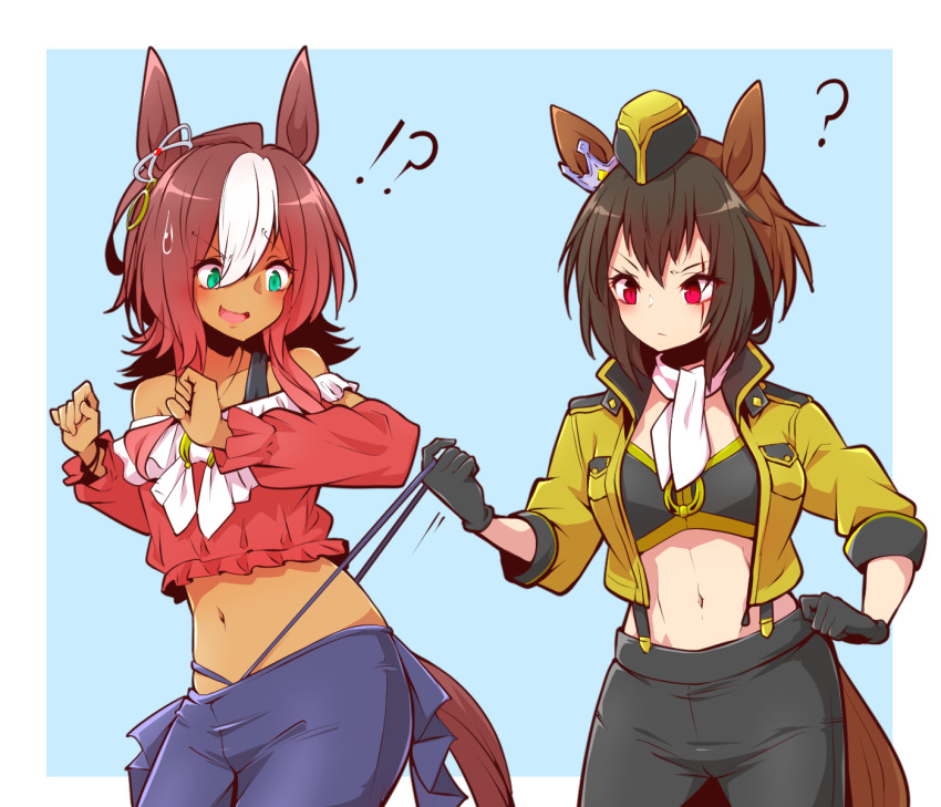 !? 2girls ? ahoge animal_ears black_gloves black_pants blue_background blue_pants blush border brown_hair byerley_turk_(umamusume) cowboy_shot dark-skinned_female dark_skin darley_arabian_(umamusume) ear_ornament garrison_cap gloves green_eyes hat highres horse_ears horse_girl jacket long_hair long_sleeves midriff multicolored_hair multiple_girls navel neckerchief off-shoulder_shirt off_shoulder open_clothes open_jacket pants red_eyes scar scar_across_eye shirt short_hair simple_background suspenders two-tone_hair umamusume white_border white_hair white_neckerchief yellow_jacket yonedatomo_mizu