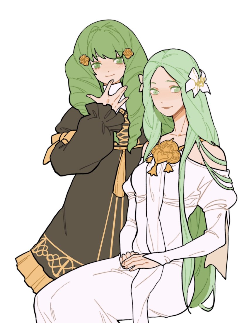 2girls black_dress breasts brooch closed_mouth dress drill_hair fire_emblem fire_emblem:_three_houses flayn_(fire_emblem) flower garreg_mach_monastery_uniform green_eyes green_hair hair_flower hair_ornament hand_up hands_on_lap high_collar highres jewelry julianlynnnn long_hair long_sleeves looking_at_viewer medium_breasts multiple_girls necklace nintendo off-shoulder_dress off_shoulder rhea_(fire_emblem) simple_background sitting smile white_background white_dress