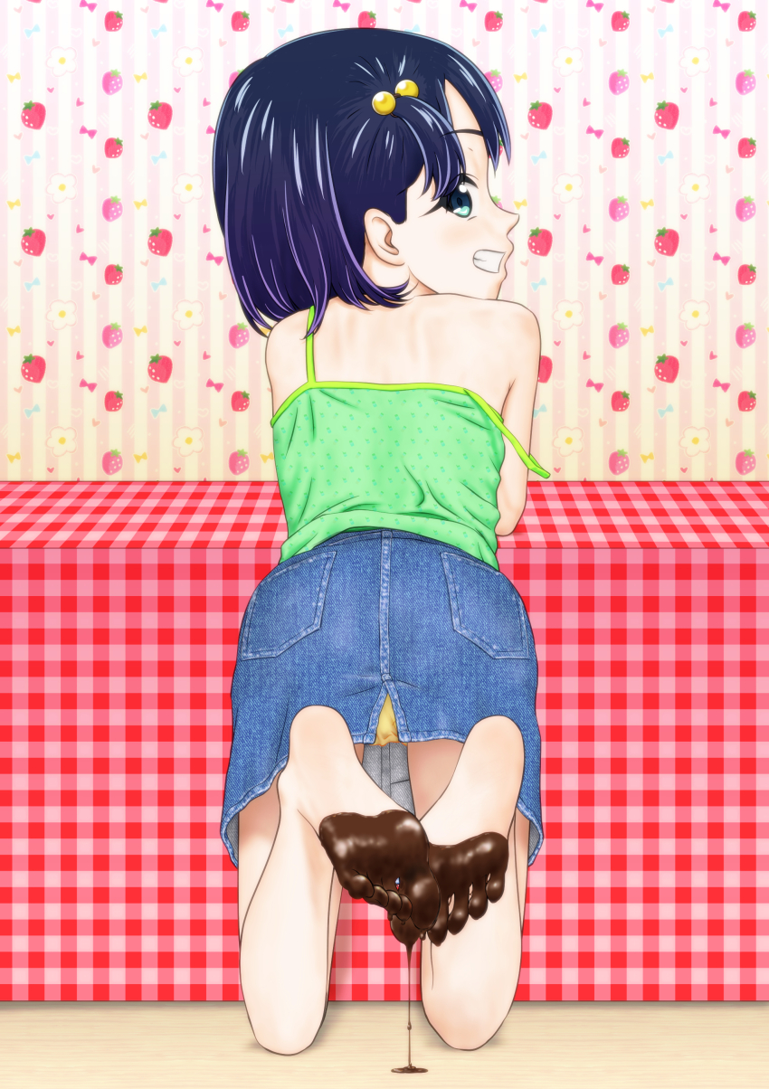 1girl absurdres ass back barefoot black_hair blue_eyes blue_skirt camisole chocolate chocolate_on_body denim denim_skirt feet feet_up food_on_body food_print from_behind full_body green_shirt grin hair_bobbles hair_ornament highres looking_at_viewer looking_back medium_hair ogyadya original panties pantyshot profile shirt short_sidetail side_ponytail skirt smile soles strap_slip strawberry_print teeth toes underwear