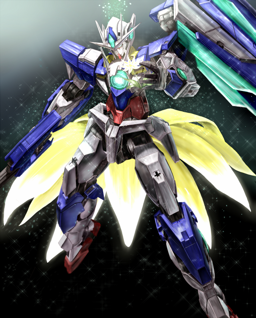 00_qan[t] 00s artist_request flower gradient_background gundam gundam_00 gundam_00_a_wakening_of_the_trailblazer highres mecha no_humans revision robot sparkle weapon