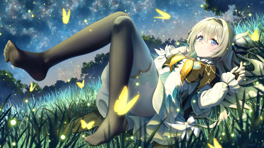 1girl black_gloves black_hairband black_jacket black_thighhighs breasts bug butterfly collared_shirt cropped_jacket fingerless_gloves firefly_(honkai:_star_rail) frilled_sleeves frills full_body gloves grass green_skirt grey_hair hair_between_eyes hair_ornament hairband haneru highres honkai:_star_rail honkai_(series) insect jacket long_hair long_sleeves looking_at_viewer lying medium_breasts neckerchief no_shoes orange_neckerchief outdoors shirt skirt sky star_(sky) starry_sky thighhighs two-tone_eyes