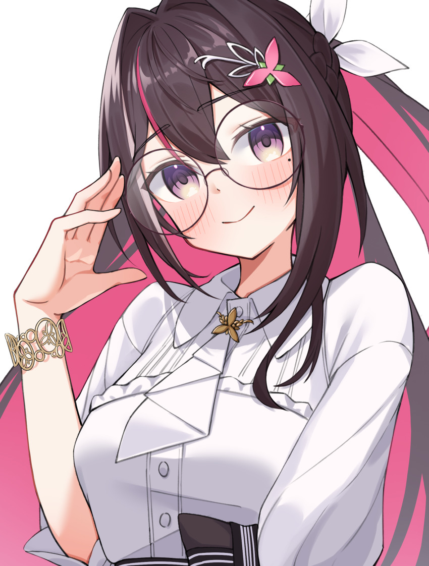 1girl absurdres adjusting_eyewear ai_(u_e_o_o) ascot azki_(4th_costume)_(hololive) azki_(hololive) black_hair blush bracelet closed_mouth collared_dress colored_inner_hair commentary_request double-parted_bangs dress glasses hair_intakes hair_ornament hairclip half_up_braid half_updo hand_up highres hololive jewelry long_hair looking_at_viewer mole mole_under_eye multicolored_hair official_alternate_costume official_alternate_hairstyle pink_hair purple_eyes round_eyewear short_ponytail sidelocks simple_background smile solo upper_body very_long_hair virtual_youtuber white_ascot white_background white_dress