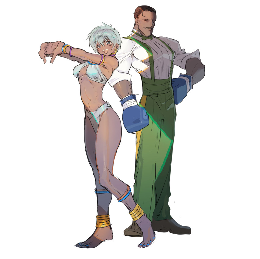 1boy 1girl anklet armlet bangle barefoot bikini black_hair blue_gloves boxing_gloves bracelet breasts capcom commentary_request criss-cross_halter dark-skinned_female dark_skin dress_shirt dudley earrings elena_(street_fighter) closed_eyes facial_hair forehead full_body gloves green_pants halterneck hand_on_own_hip highres interlocked_fingers jewelry long_legs looking_at_viewer medium_breasts mustache nail_polish navel neck_ring open_mouth pants shirt short_hair silver_hair sleeves_pushed_up smile street_fighter street_fighter_iii_(series) stretching suspenders swimsuit tanakalma toenail_polish toenails toes very_dark_skin white_background white_bikini white_shirt