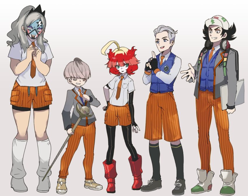 2girls 3boys ahoge alternate_costume atticus_(pokemon) baseball_cap black_hair blonde_hair boots cane creatures_(company) eri_(pokemon) facepaint fingerless_gloves game_freak giacomo_(pokemon) gloves gradient_background grey_hair hat headphones headphones_around_neck mela_(pokemon) multicolored_hair multiple_boys multiple_girls naranja_academy_school_uniform narita_imomushi necktie nintendo one_eye_closed ortega_(pokemon) pokemon pokemon_sv red_hair school_uniform shorts two-tone_hair