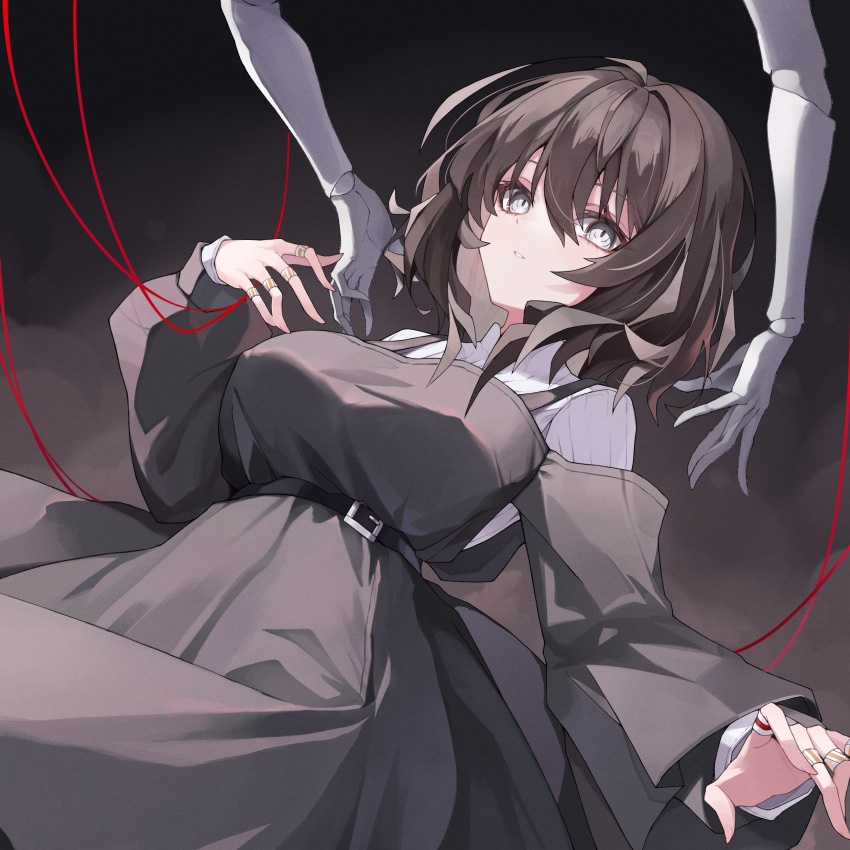 1girl absurdres alchemy_stars anri_(user_ncce8585) belt belt_buckle black_belt black_dress black_hair breasts buckle commentary doll_joints dress grey_eyes hair_between_eyes high_belt highres jewelry joints large_breasts lenore_(alchemy_stars) long_sleeves looking_at_viewer medium_hair multiple_rings off-shoulder_dress off_shoulder open_mouth puffy_long_sleeves puffy_sleeves puppet_rings puppet_strings ribbed_shirt ring shirt single_wide_sleeve sleeves_past_wrists solo white_shirt