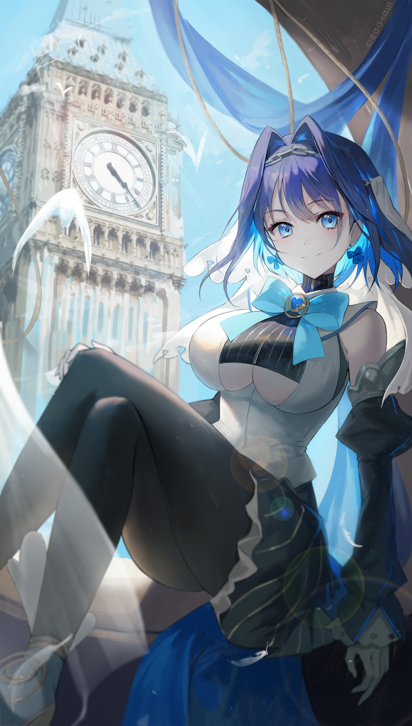 1girl absurdres black_pantyhose black_skirt blue_bow blue_bowtie blue_eyes blue_hair bow bow_earrings bowtie breasts chain chain_headband clock clock_tower closed_mouth crossed_legs day detached_sleeves earrings feet_out_of_frame gloves hair_intakes head_chain heart highres hololive hololive_english jewelry juliet_sleeves large_breasts long_sleeves looking_at_viewer ouro_kronii pantyhose puffy_sleeves shirt short_hair sitting skirt smile solo soyoong_jun tower turtleneck underboob virtual_youtuber white_gloves white_shirt