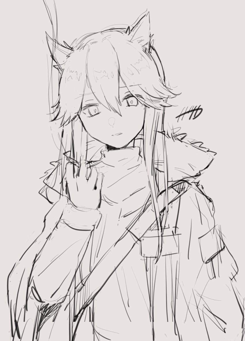 1girl animal_ear_fluff animal_ears arknights female_focus grey_background greyscale hair_between_eyes hand_up highres jacket long_sleeves looking_at_viewer monochrome nanatsuka open_clothes open_jacket parted_lips shirt simple_background sketch solo texas_(arknights) upper_body