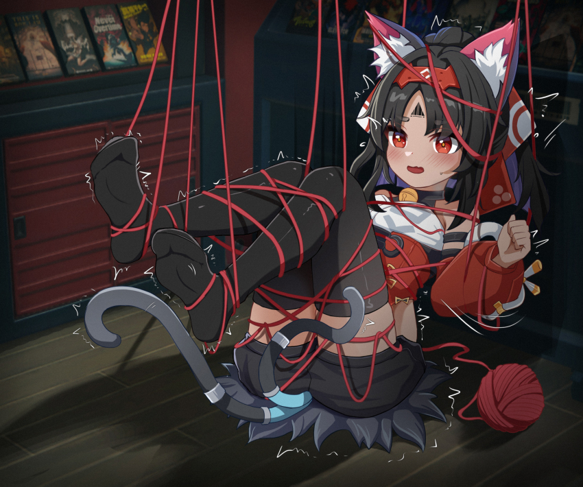 a-utism bdsm black_thighhighs blush bondage bound bound_feet fang feet foot_focus highres knees_together_feet_apart motion_lines nekomiya_mana reclining red_eyes restrained rope shiny_skin skin_fang soles solo thighhighs toes trembling zenless_zone_zero