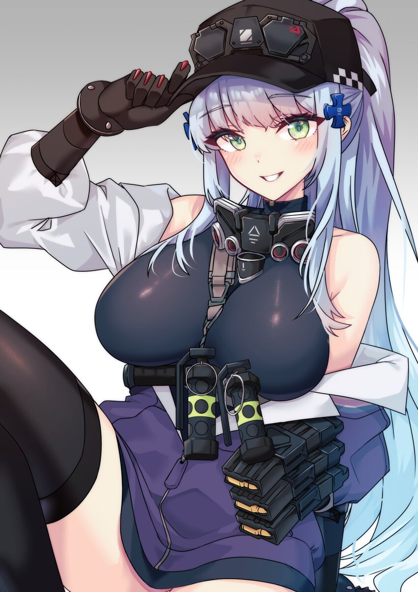 1girl absurdres adjusting_clothes adjusting_headwear arm_support armpit_crease bare_shoulders baseball_cap between_breasts black_gloves black_hat black_thighhighs blue_hair blue_jacket breasts clukay_(neural_cloud) commentary girls&#039;_frontline girls&#039;_frontline_2:_exilium gloves goggles goggles_on_headwear gradient_hair green_eyes grey_background grey_hair grin hat high_ponytail highres hk416_(girls&#039;_frontline) jacket knee_up large_breasts long_hair looking_at_viewer magazine_(weapon) multicolored_clothes multicolored_hair multicolored_jacket off_shoulder simple_background sitting smile smoke_grenade solo thighhighs tomoru_(tomanvil_3) two-tone_jacket very_long_hair white_jacket