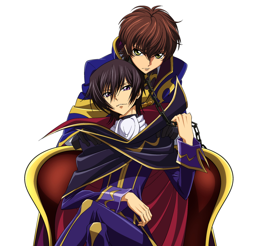 2boys absurdres black_collar black_hair brown_hair cape chain chain_leash chair code_geass collar crossed_legs gloves green_eyes highres holding holding_leash knights_of_the_round_uniform kururugi_suzaku leash leash_pull lelouch_vi_britannia male_focus multiple_boys purple_eyes short_hair sitting smile weibo_5667031704 white_background zero_(code_geass)