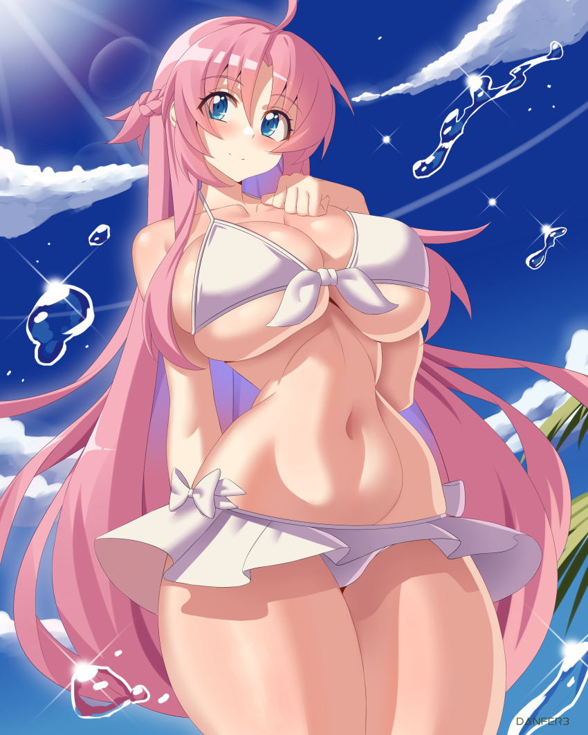 1girl absurdres bare_shoulders bikini blue_eyes blue_sky blush breasts cleavage closed_mouth collarbone cowboy_shot danfer3 day frilled_bikini frills highres large_breasts long_hair megami-ryou_no_ryoubo-kun navel outdoors palm_tree pink_hair saotome_atena sky smile solo standing swimsuit tree water white_bikini