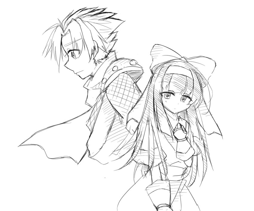 1boy 1girl ainu_clothes breasts clenched_hand fingerless_gloves galford_d_weller gloves hair_ribbon half-closed_eyes height_difference highres japanese_clothes legs long_hair monochrome nakoruru ninja ribbon samurai_spirits scarf short_hair sketch small_breasts snk thighs