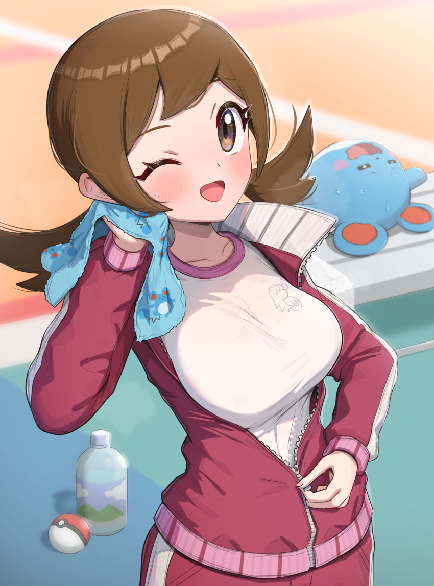 1girl ;d absurdres blush bottle breasts brown_eyes brown_hair commentary_request creatures_(company) game_freak gen_2_pokemon gonzarez gym_shirt highres holding holding_towel jacket large_breasts looking_at_viewer lyra_(pokemon) marill nintendo one_eye_closed open_mouth poke_ball poke_ball_(basic) pokemon pokemon_(creature) pokemon_hgss shirt short_twintails smile towel track_jacket twintails unzipped zipper