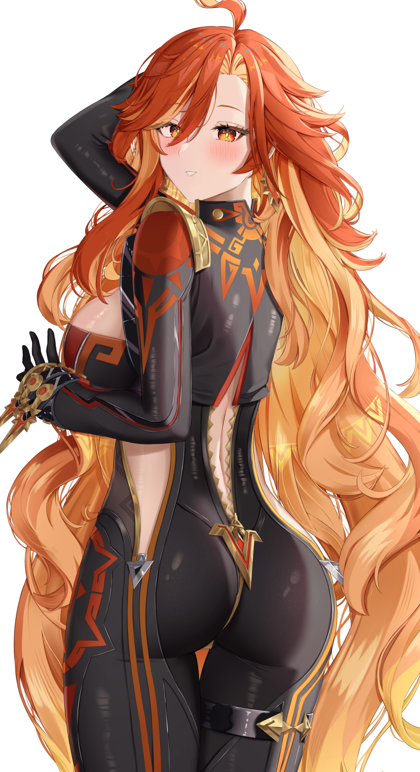 1girl absurdres arm_up ass bad_arm black_bikesuit black_gloves blush breasts commentary_request cowboy_shot dokimaru earrings from_behind genshin_impact gloves hair_between_eyes highres jewelry large_breasts long_hair long_sleeves looking_at_viewer mavuika_(genshin_impact) median_furrow orange_eyes orange_hair paid_reward_available parted_lips sideboob sidelocks simple_background smile solo unzipped very_long_hair white_background zipper_pull_tab