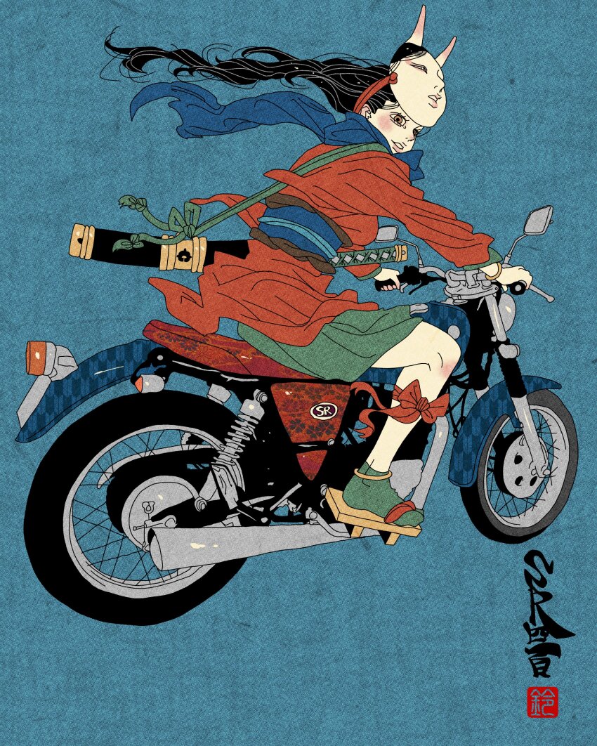 1girl absurdres anklet black_hair blue_scarf bracelet brown_eyes fine_art_parody floral_print full_body geta green_socks highres inkan japanese_clothes japanese_text jewelry katana long_hair long_sleeves looking_at_viewer motor_vehicle motorcycle nihonga noh_mask original parody ribbon riding_motorcycle scarf sei5osuzuki sheath smile socks sword tabi teal_background weapon