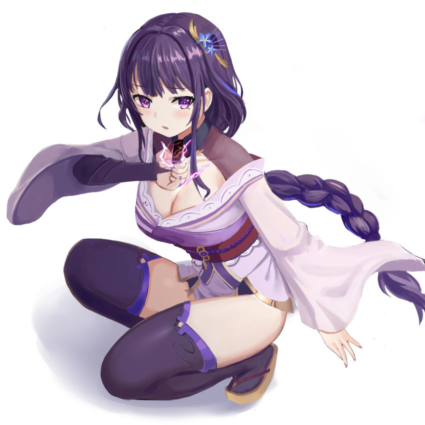 1girl absurdres blunt_bangs blush braid breasts full_body genshin_impact hair_ornament highres holding_hands japanese_clothes large_breasts long_hair loveqilaikui mole mole_under_eye open_mouth purple_eyes purple_hair raiden_shogun simple_background squatting sword thighhighs weapon white_background wide_sleeves