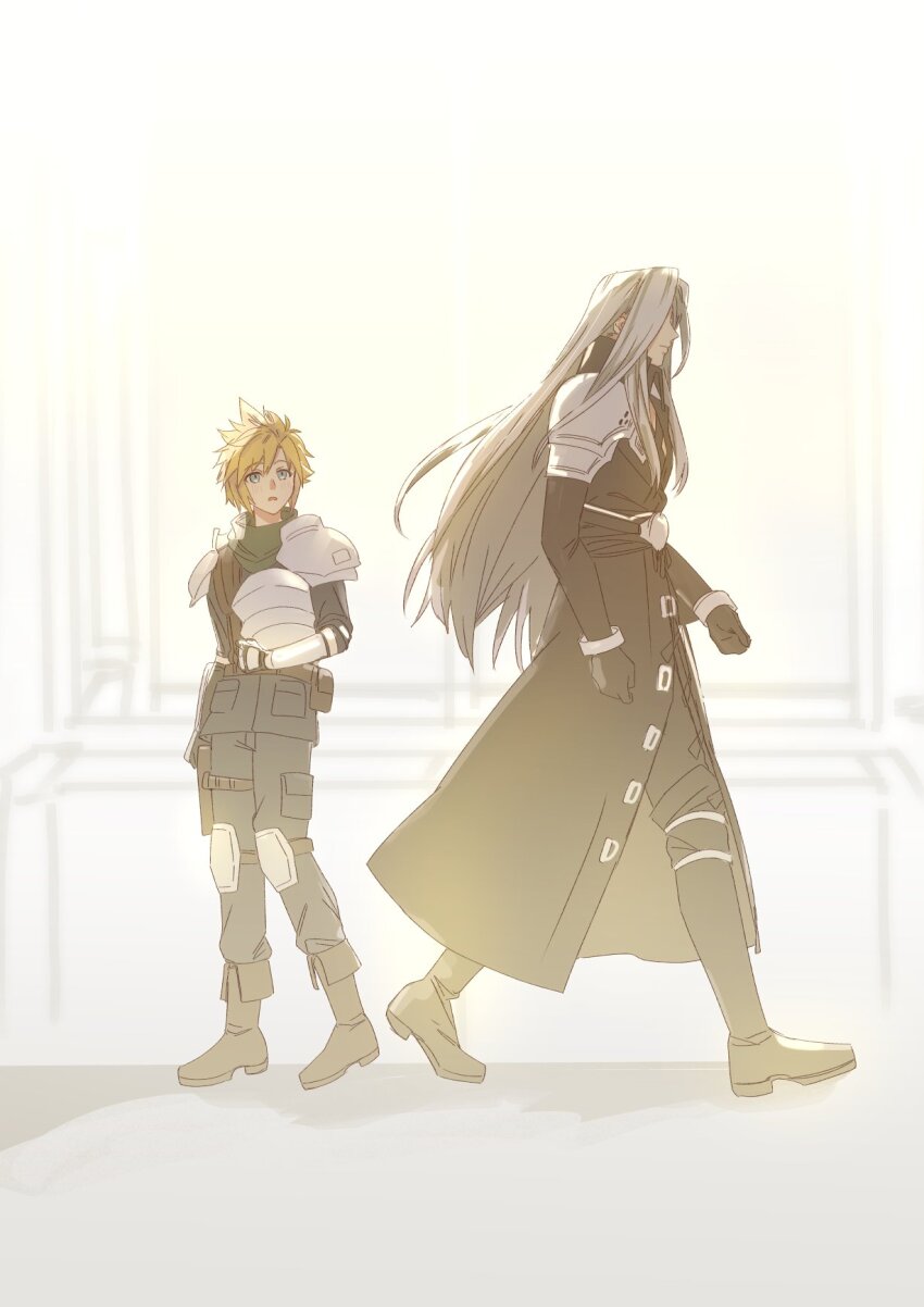 2boys armor bangle black_coat black_footwear black_gloves blonde_hair blue_eyes boots bracelet cloud_strife coat final_fantasy final_fantasy_vii final_fantasy_vii_rebirth final_fantasy_vii_remake full_body gloves green_scarf grey_hair helmet highres holding holding_helmet jewelry keiseki1 knee_pads long_bangs looking_at_another male_focus multiple_boys parted_bangs parted_lips scarf sephiroth short_hair shoulder_armor spiked_hair walking