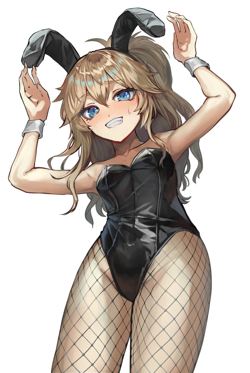 1girl absurdres animal_ear_hairband animal_ears arms_up black_leotard blonde_hair blue_eyes bunny_day collarbone covered_navel eyelashes fake_animal_ears fishnet_pantyhose fishnets from_below grin hairband high_ponytail highres kasukabe_tsumugi leotard long_hair looking_at_viewer mole mole_under_eye pantyhose playboy_bunny rabbit_ear_hairband rabbit_ears shiroice simple_background smile solo standing strapless strapless_leotard sweatdrop teeth voicevox white_background white_wrist_cuffs wrist_cuffs