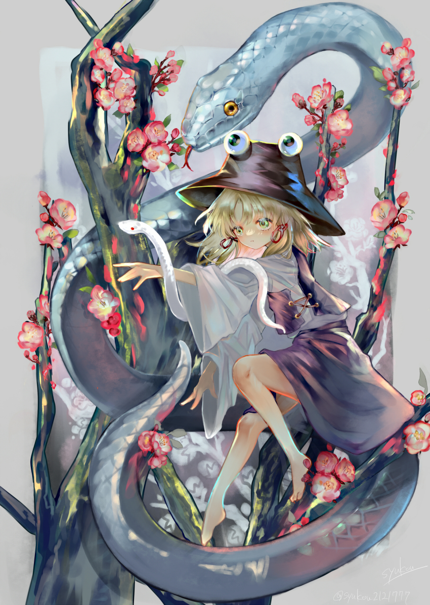 1girl absurdres animal barefoot blonde_hair bowl bowl_hat green_eyes hat highres moriya_suwako oversized_animal purple_skirt shirt skirt snake solo syukou touhou tree white_shirt