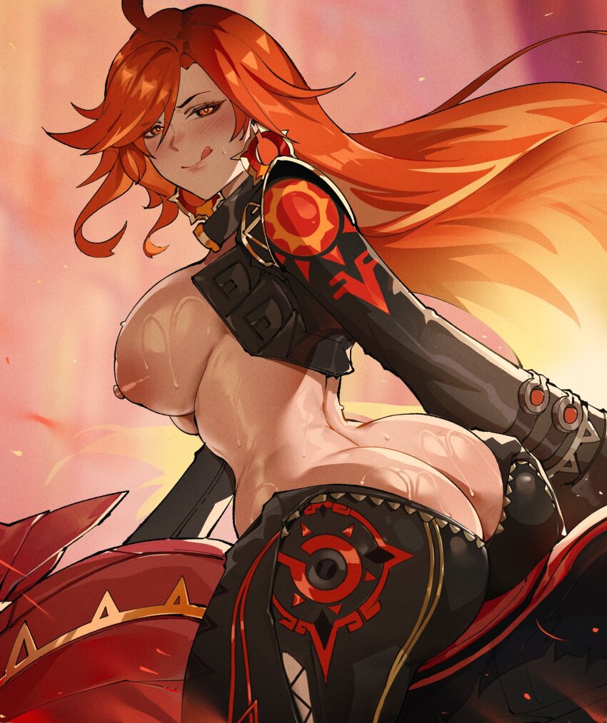 1girl ahoge ass back breasts butt_crack earrings flamestrider_(genshin_impact) genshin_impact highres jamesloves_art jewelry long_hair looking_at_viewer looking_back mavuika_(genshin_impact) motor_vehicle motorcycle multicolored_hair on_motorcycle orange_eyes orange_hair red_hair reverse_outfit smile solo sun_earrings sunburst_iris two-tone_hair very_long_hair