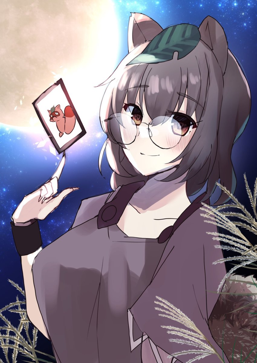 1girl ability_card_(touhou) animal_ears aoko_(myut7287) breasts brown_eyes brown_hair brown_shirt card closed_mouth full_moon futatsuiwa_mamizou glasses highres holding holding_card large_breasts leaf leaf_on_head looking_at_viewer moon night night_sky one-hour_drawing_challenge outdoors raccoon_ears raccoon_girl raccoon_tail shirt short_hair short_sleeves sky smile solo tail touhou